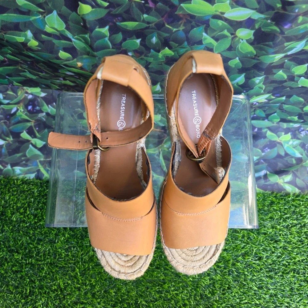 Treasure & Bond Espadrille Wedge Sandals Womens 8.5M Tan Leather Ankle Strap